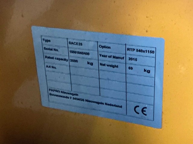 2015 papro sace25 hand hydraulische palletwagen - afbeelding 7 van  8
