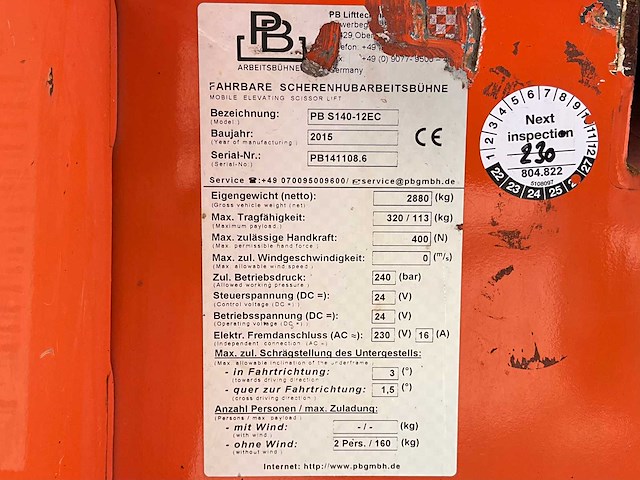 2015 pb lifttechnik pb s140-12ec hoogwerker - afbeelding 27 van  33