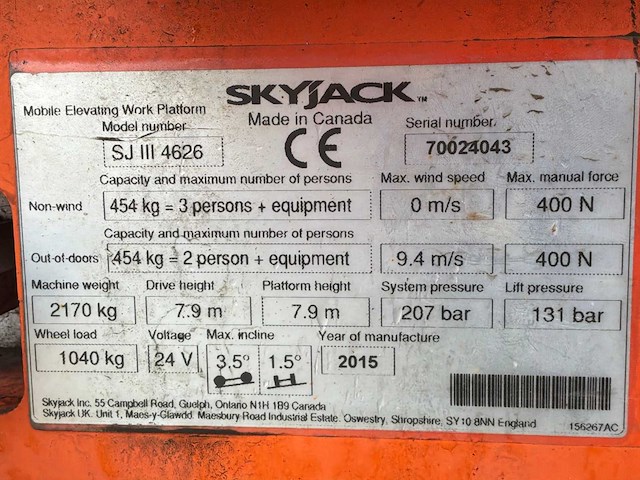 2015 skyjack sj iii 4626 hoogwerker - afbeelding 9 van  17