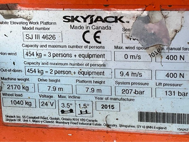 2015 skyjack sj iii 4626 hoogwerker - afbeelding 27 van  33