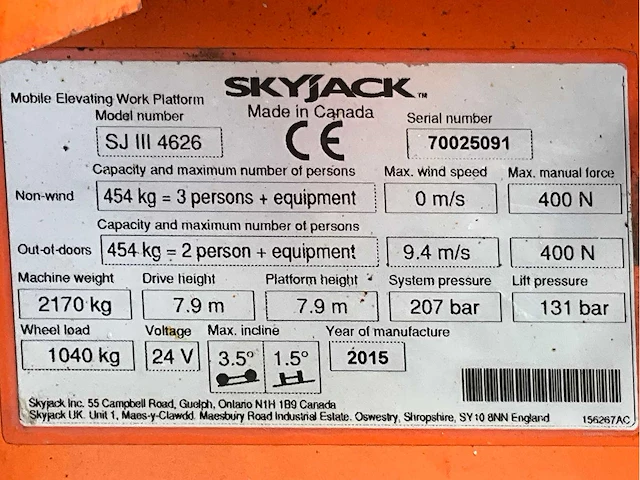 2015 skyjack sj iii 4626 hoogwerker - afbeelding 24 van  31