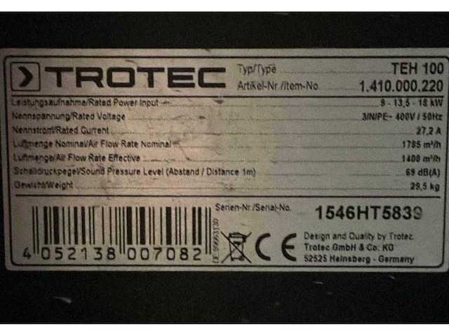 2015 trotec teh 100 industriële heater - afbeelding 3 van  5