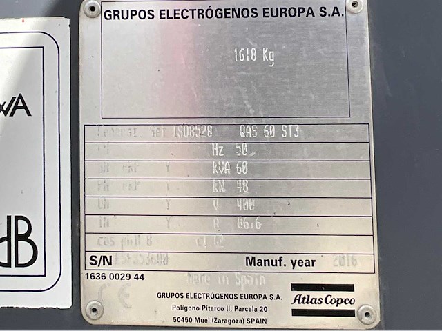2016 atlas copco / grupos electrogenos europa qas 60 st3 stroom aggregaat - afbeelding 18 van  25