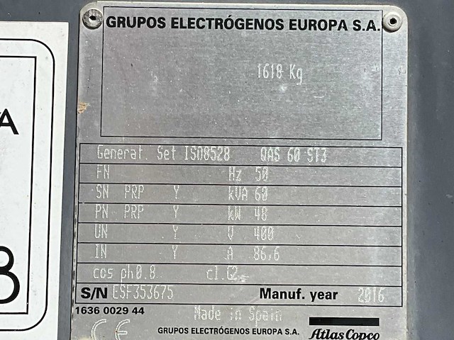 2016 atlas copco / grupos electrogenos europa qas 60 st3 stroom aggregaat - afbeelding 16 van  23