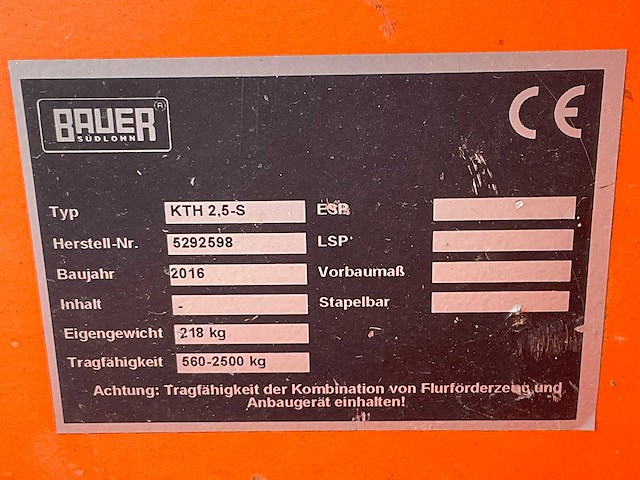 2016 bauer kth 2,5 ‘s’ heftruck hijsjib / hijsarm - afbeelding 6 van  6