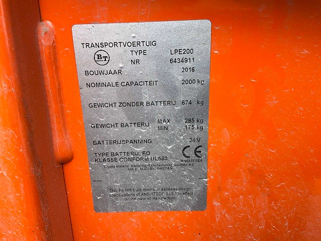 2016 bt lpe200 elektrische palletwagen - afbeelding 4 van  12