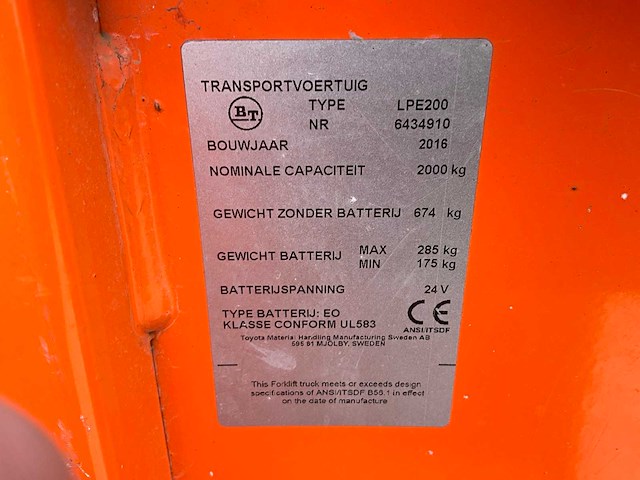 2016 bt lpe200 elektrische palletwagen - afbeelding 5 van  13