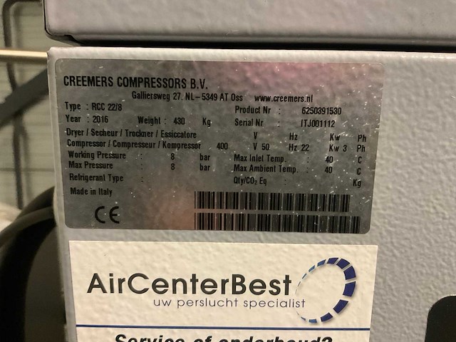 2016 creemers rcc 22 freq schroefcompressor, droger, luchtketel - afbeelding 12 van  12