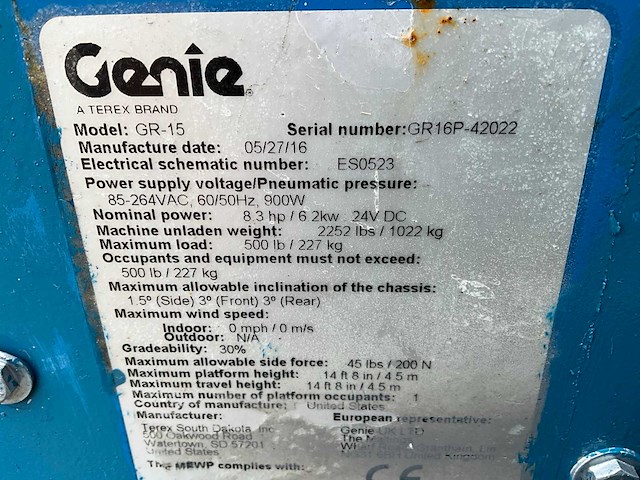 2016 genie gr-15 hoogwerker - afbeelding 2 van  10