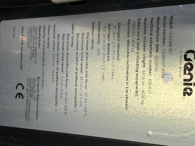 2016 genie gs3369 rt hoogwerker - afbeelding 17 van  30