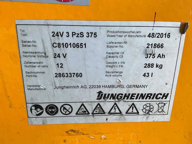 2016 jungheinrich 24v 3 pzs 375 stapelaar - afbeelding 11 van  25