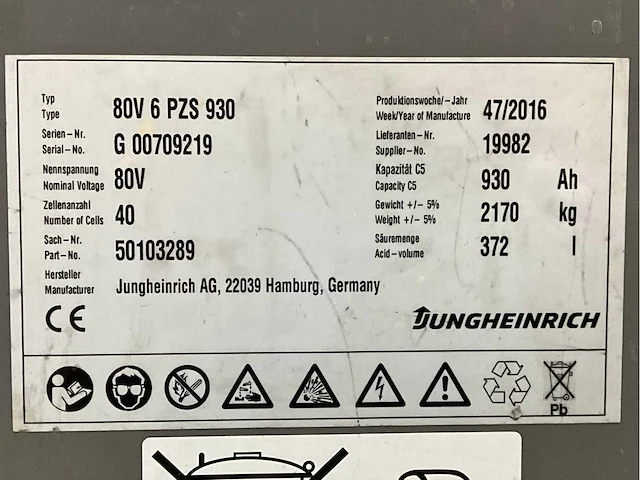 2016 jungheinrich 80v 6 pzs 930 heftruck accu - afbeelding 8 van  8