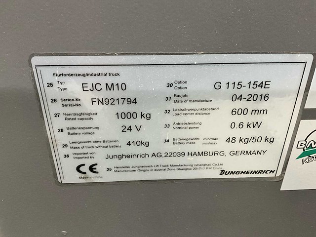 2016 jungheinrich ejcm10 elektrische stapelaar - afbeelding 6 van  14