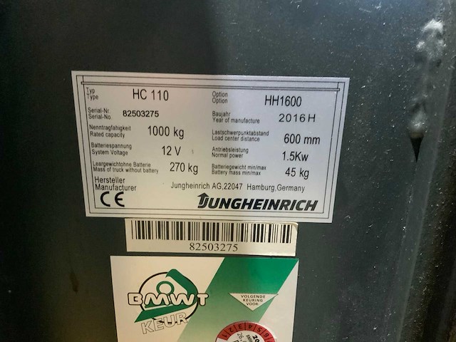 2016 jungheinrich hg 110 stapelaar - afbeelding 8 van  8