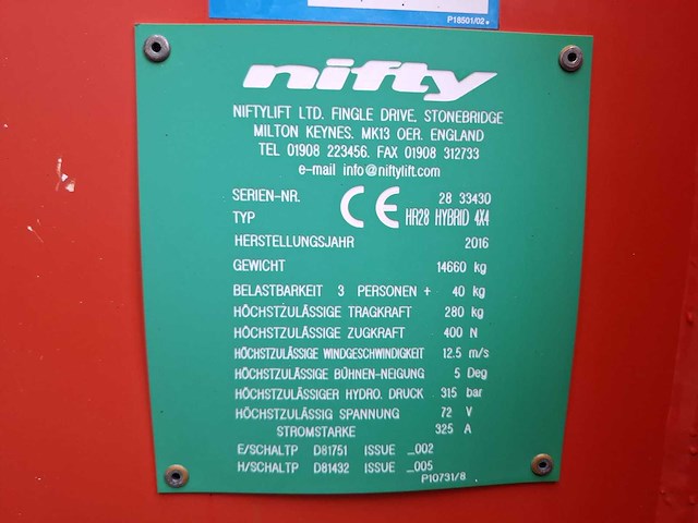 2016 nifty hr28 hybrid 4x4 hoogwerker - afbeelding 6 van  19