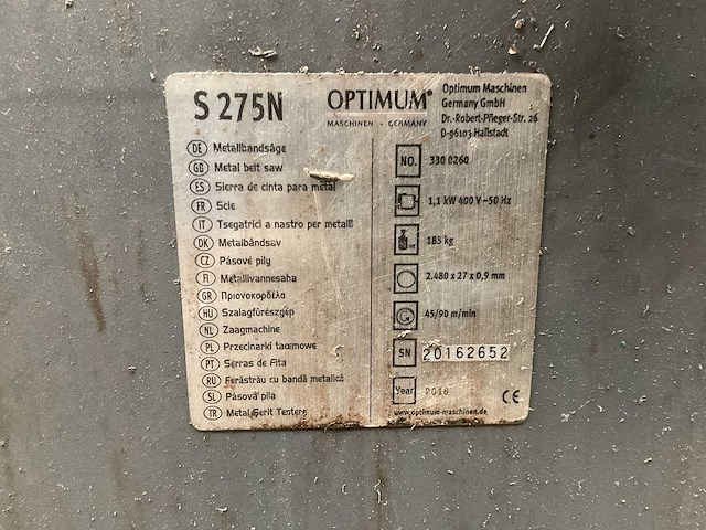 2016 optimum s275n beugelzaag incl. rollenbanen - afbeelding 2 van  12