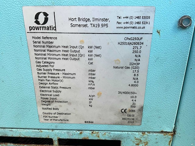 2016 powrmatic cpxg250uf werkplaats heater - afbeelding 8 van  8