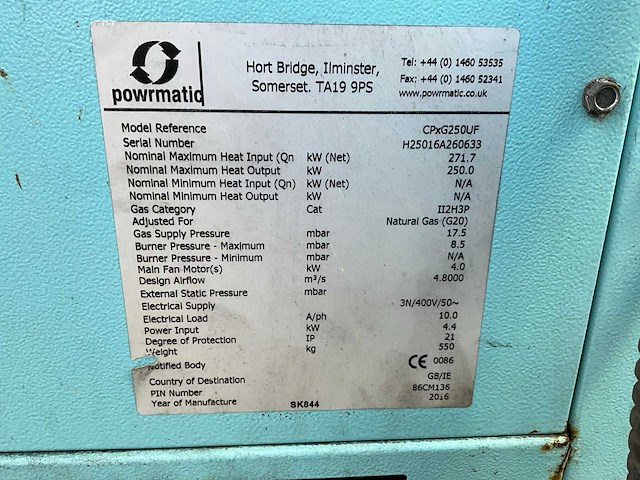 2016 powrmatic cpxg250uf werkplaats heater - afbeelding 8 van  8