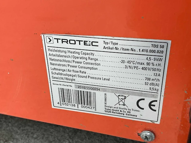 2016 trotec tds 50 elektroheater 9kw 400v - afbeelding 6 van  7