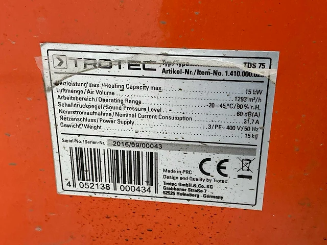 2016 trotec tds 75 elektroheater 15kw 400v - afbeelding 6 van  7