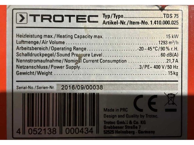 2016 trotec tds75 industriële heater - afbeelding 3 van  5