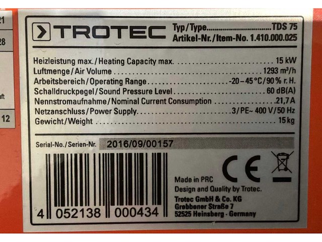 2016 trotec tds75 industriële heater - afbeelding 5 van  5
