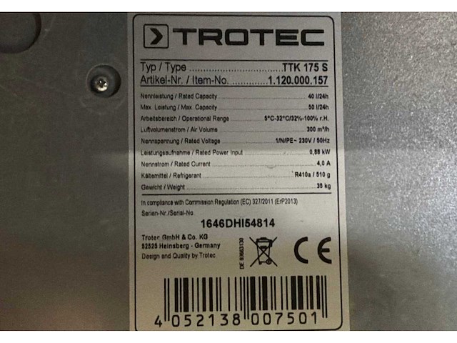 2016 trotec ttk 175 s condensatiedroger / bouwdroger - afbeelding 7 van  7