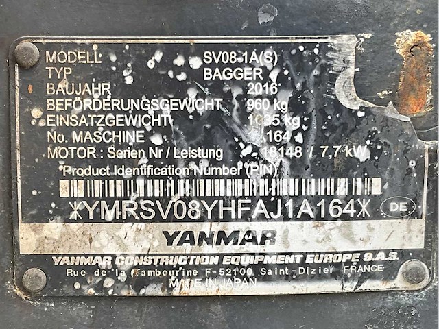 2016 yanmar sv08-1a(s) minigraafmachine - afbeelding 31 van  37