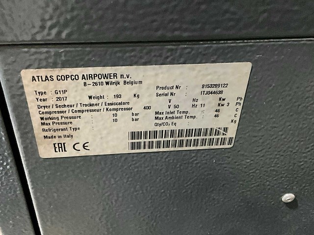 2017 atlas copco g11p schroefcompressor 10 bar met drukvat - afbeelding 4 van  7