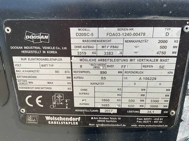 2017 doosan d20sc-5 vorkheftruck - afbeelding 24 van  30