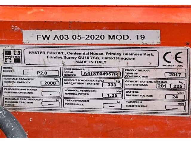 2017 hyster p2.0 elektrische palletwagen - afbeelding 3 van  11