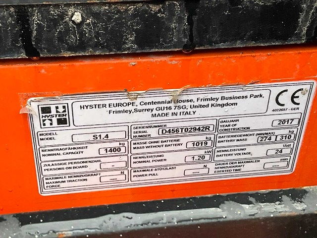 2017 hyster s1.4 elektrische stapelaar - afbeelding 9 van  17