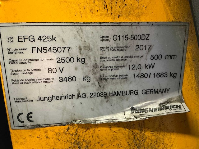 2017 jungheinrich efg 425k vorkheftruck - afbeelding 9 van  17