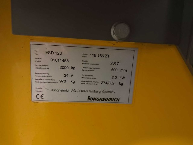 2017 jungheinrich esd 120 meeneemheftruck - afbeelding 2 van  8