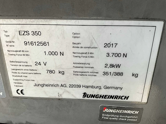 2017 jungheinrich ezs 350 industriële trekker - afbeelding 2 van  10