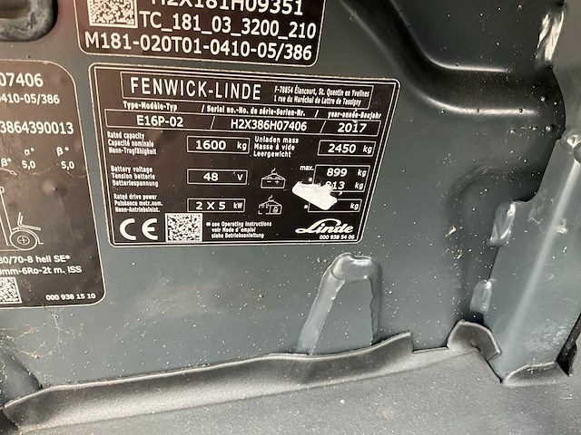 2017 linde e 16 vorkheftruck - afbeelding 14 van  21