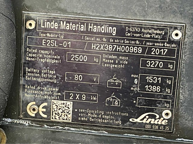 2017 linde e25-01 2500kg lepelversteller vorkheftruck accu 2021 - afbeelding 15 van  22