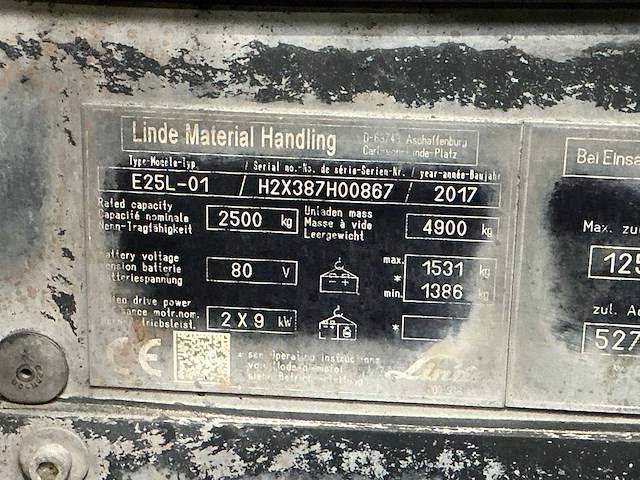 2017 linde e25l-01 vorkheftruck - afbeelding 9 van  12