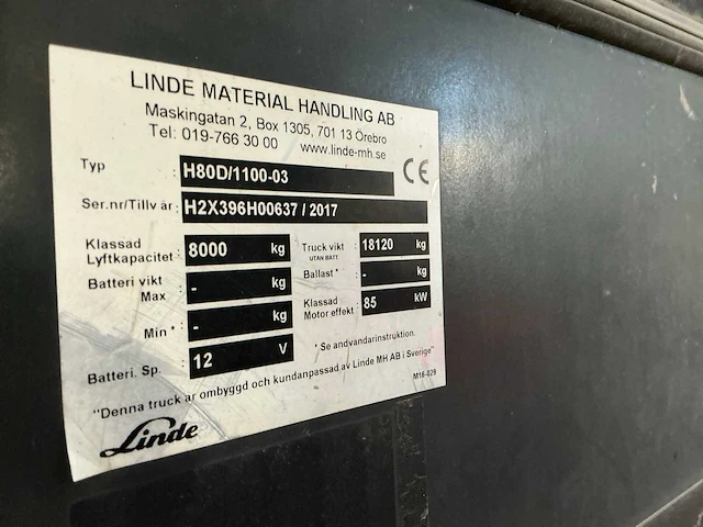 2017 linde h80d/1100-03 vorkheftruck - afbeelding 11 van  30
