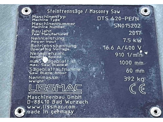 2017 lissmac dts 420 pe/n verticale steenzaagmachine / blokzaagmachine - afbeelding 2 van  13