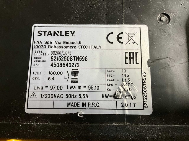 2017 stanley dn200/10/5 luchtcompressor - afbeelding 5 van  5