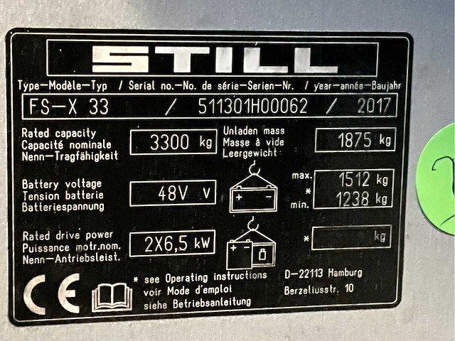 2017 still fs-x33 opzit elektrische special palletwagen - afbeelding 10 van  18