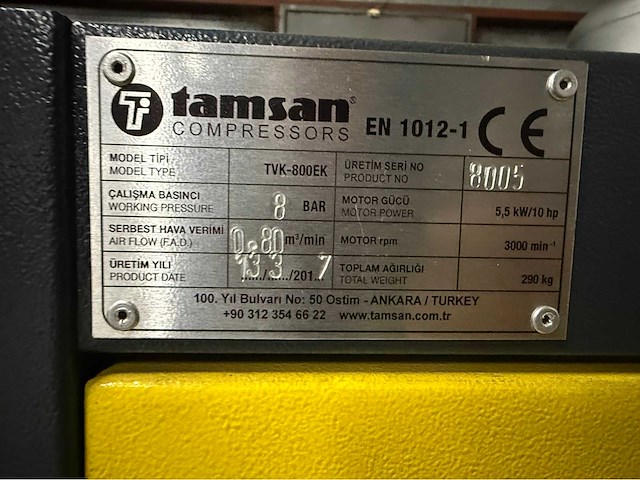 2017 tamsan tvk 800 ek schroefcompressor - afbeelding 5 van  6