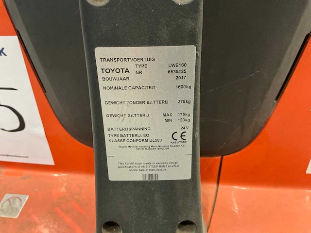 2017 toyota lwe160 elektrische palletwagen - afbeelding 5 van  14