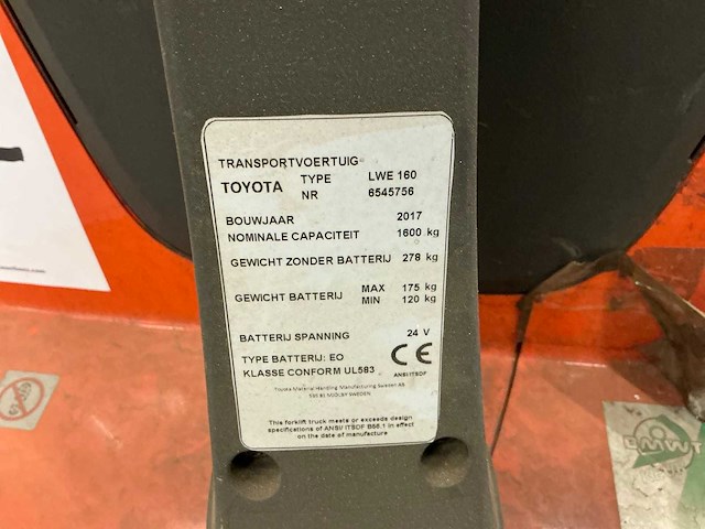 2017 toyota lwe160 elektrische palletwagen - afbeelding 3 van  11