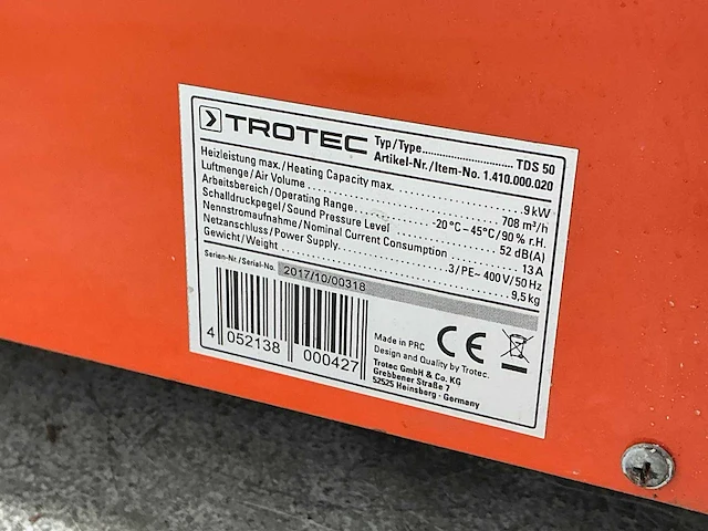 2017 trotec tds 50 elektroheater 9kw 400v - afbeelding 7 van  8