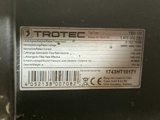 2017 trotec teh 100 elektroheater 18kw 400v - afbeelding 4 van  5