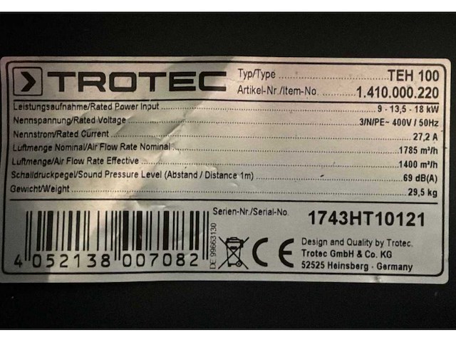 2017 trotec teh 100 industriële heater - afbeelding 3 van  5