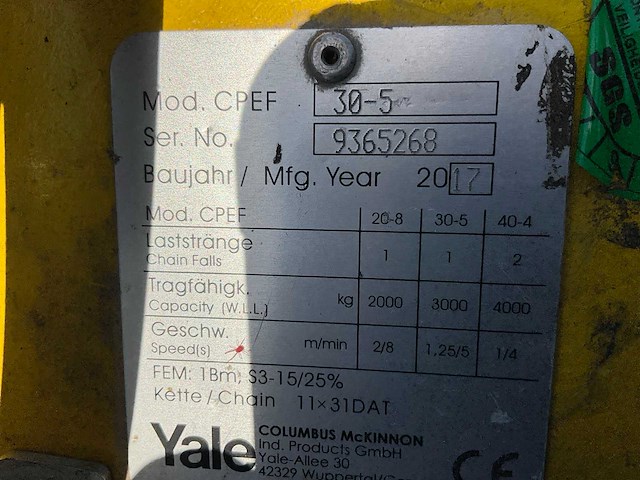 2017 yale cpef30.5 elektrische kettingtakel - afbeelding 7 van  7