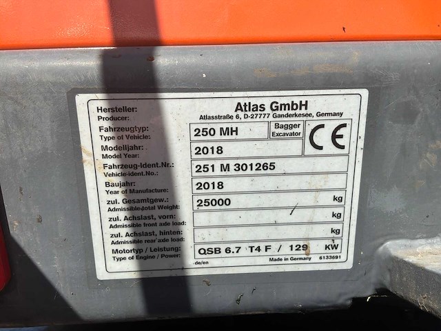 2018 atlas 250 mh banden graafmachine - afbeelding 8 van  16